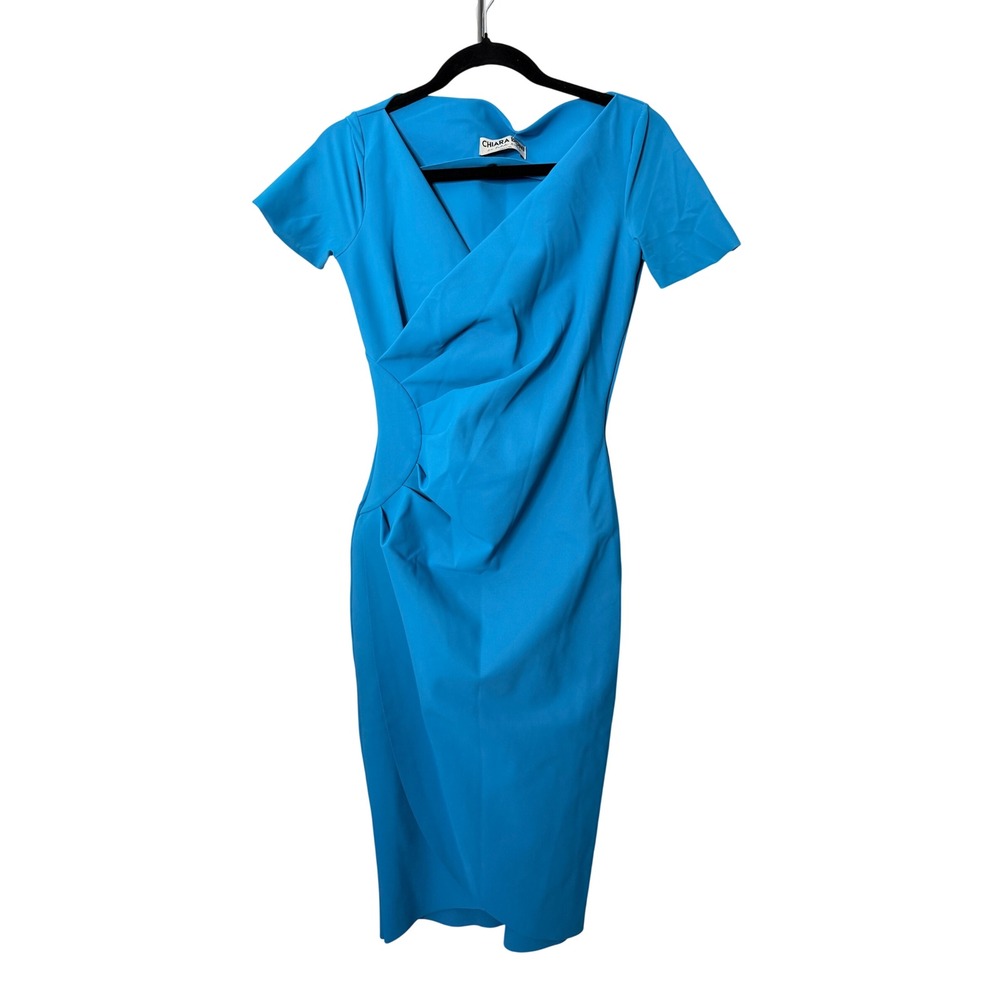Chiara Boni Ajak Dress Blue Surplice V-Neck Ruched Sheath Italy Size 6 NEW